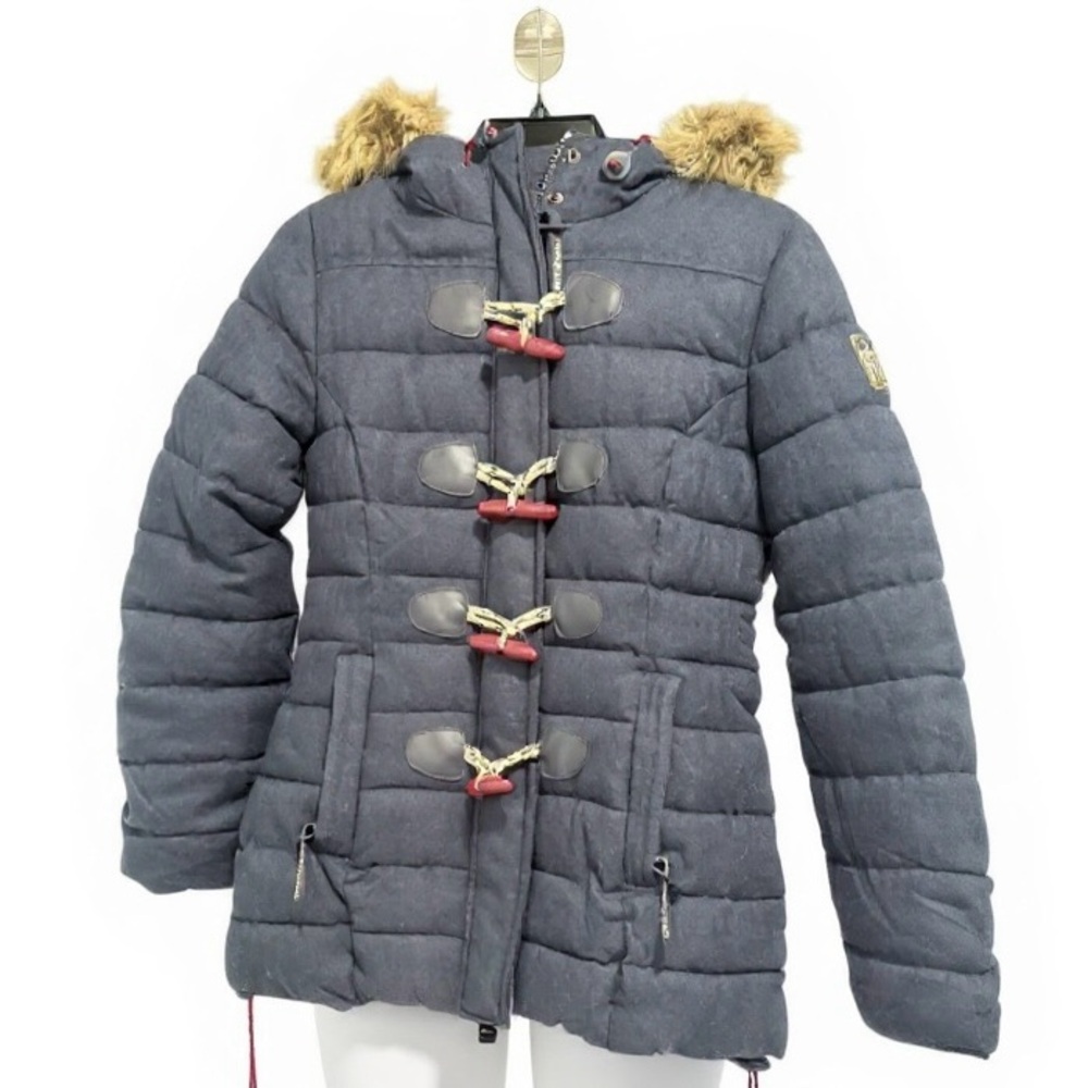 Super Dry Women's Navy Puffer Jacket with Faux Fur Hood